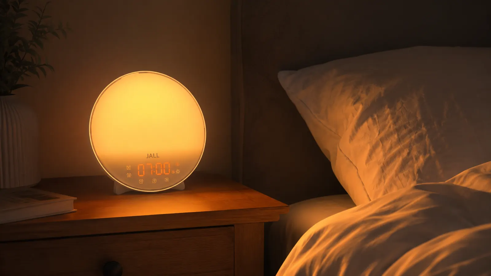 JALL sunrise alarm clock showing full-screen amber sunrise light on a nightstand next to a glass of water