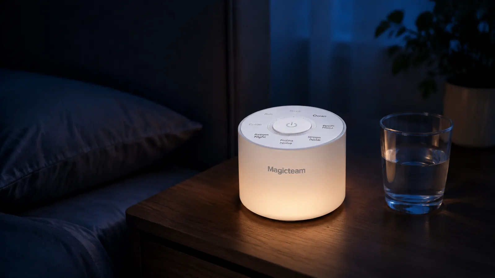 Hand adjusting the volume dial on a Magicteam white noise machine sitting on a bedside table