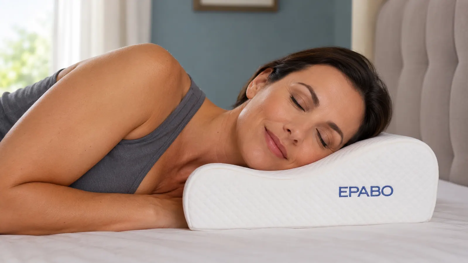 EPABO cervical pillow laid flat on a mattress showing the two ridges of different heights and the center trough, with a ruler showing measurements