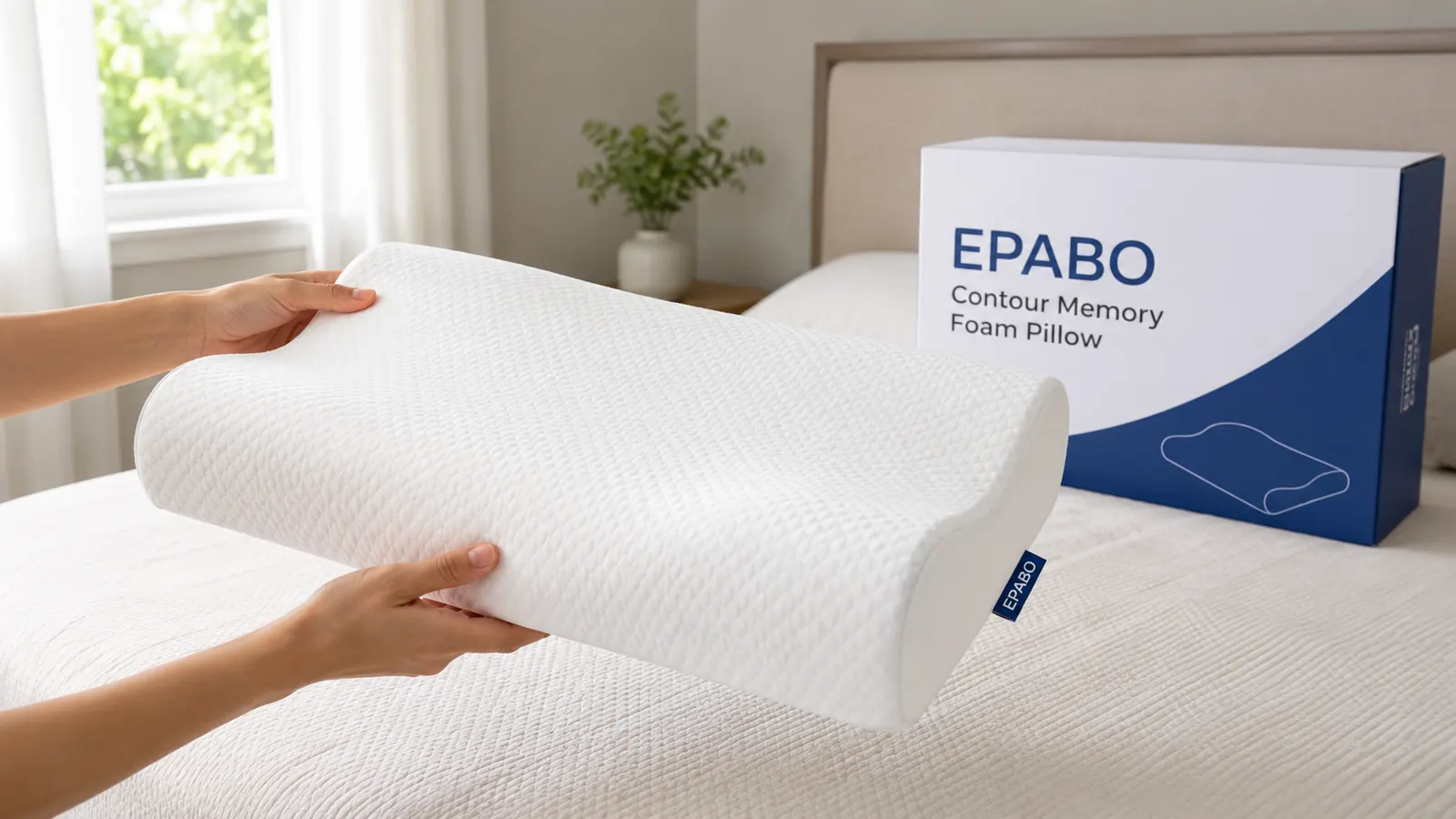 Hands unboxing the EPABO cervical pillow and showing the contour wave shape on a bed