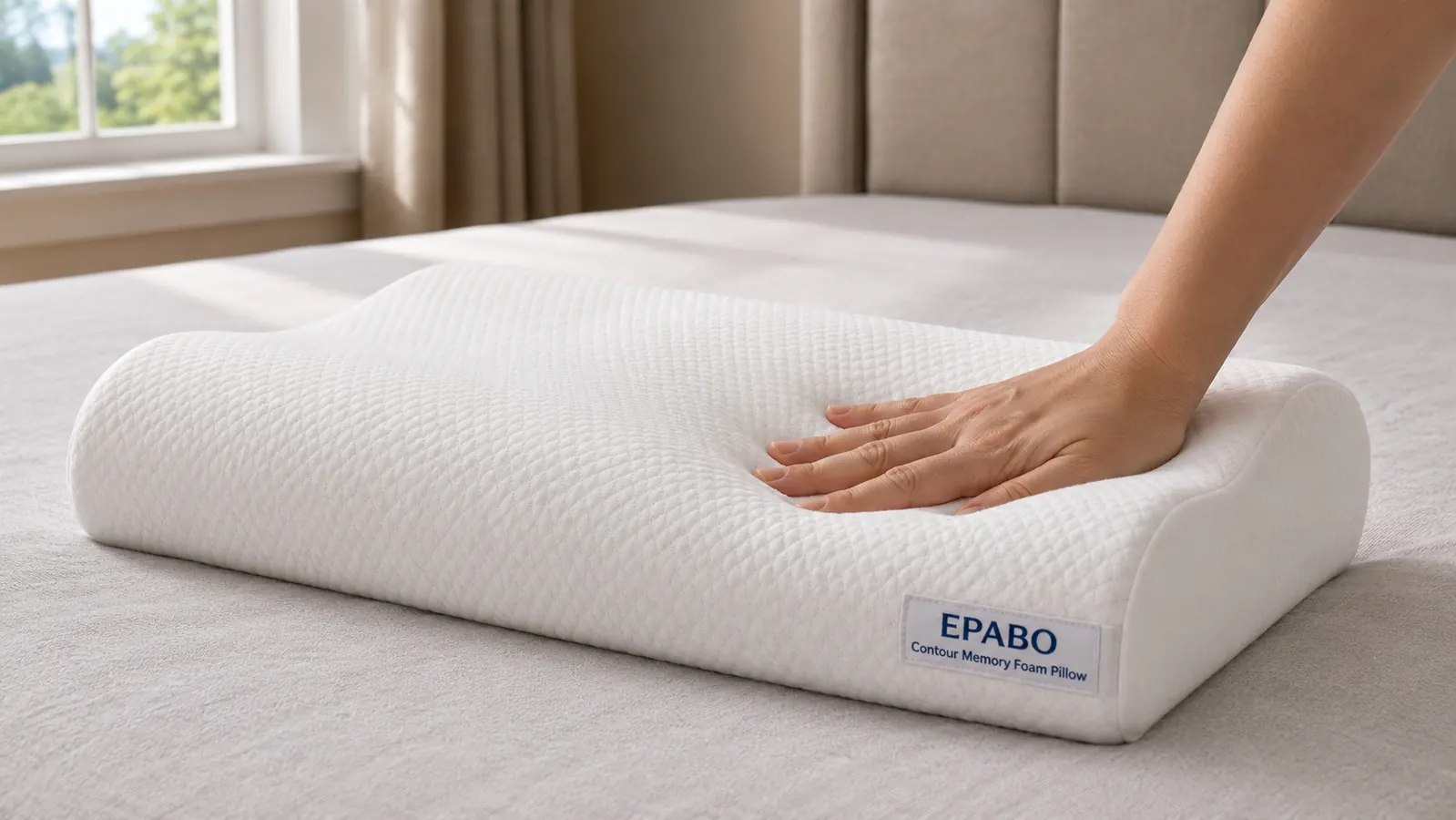 Person placing their neck into the contoured groove of the EPABO cervical pillow while lying on their back