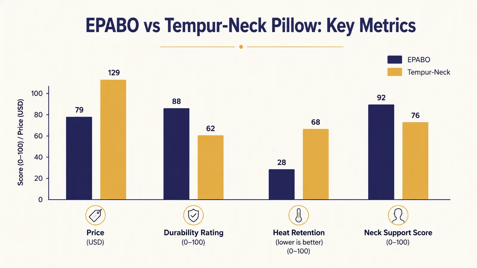 Chart comparing EPABO and Tempur-Neck pillow on price, firmness, loft, and washability