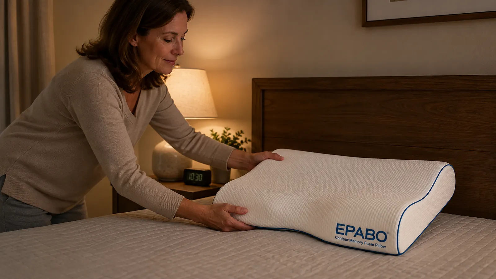 EPABO contour memory foam pillow shown on a bed with the curved cervical groove visible