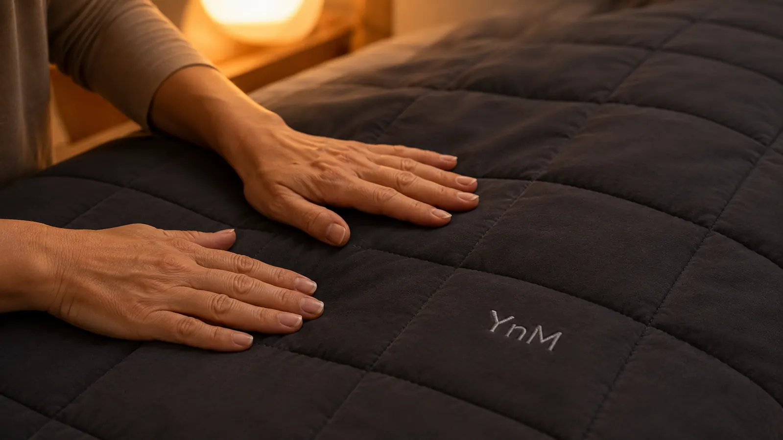 YnM weighted blanket spread across a bed, showing the grid-stitched pattern that keeps glass beads evenly distributed