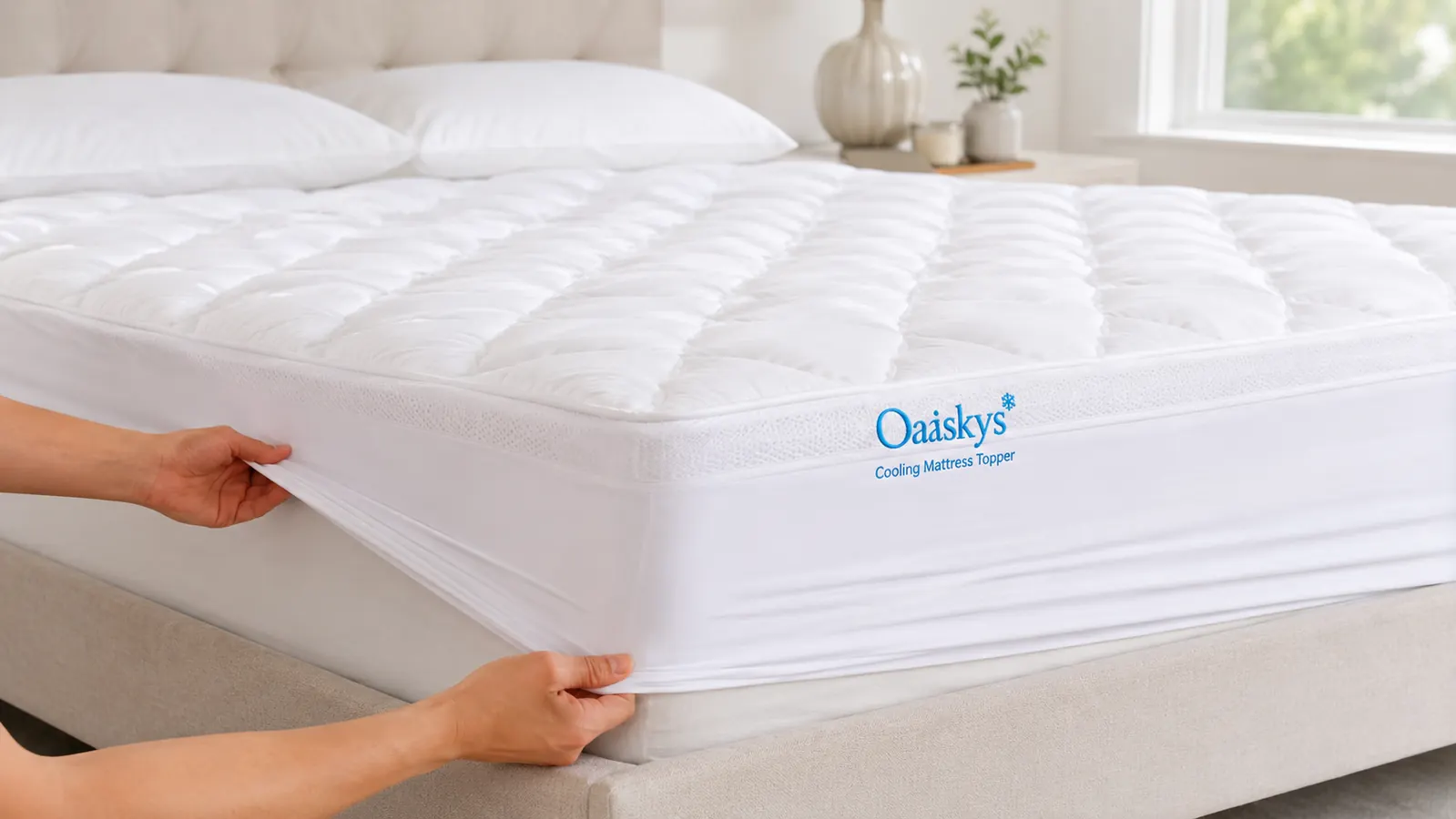Hands unfolding the oaskys cooling mattress topper over a queen-size bed