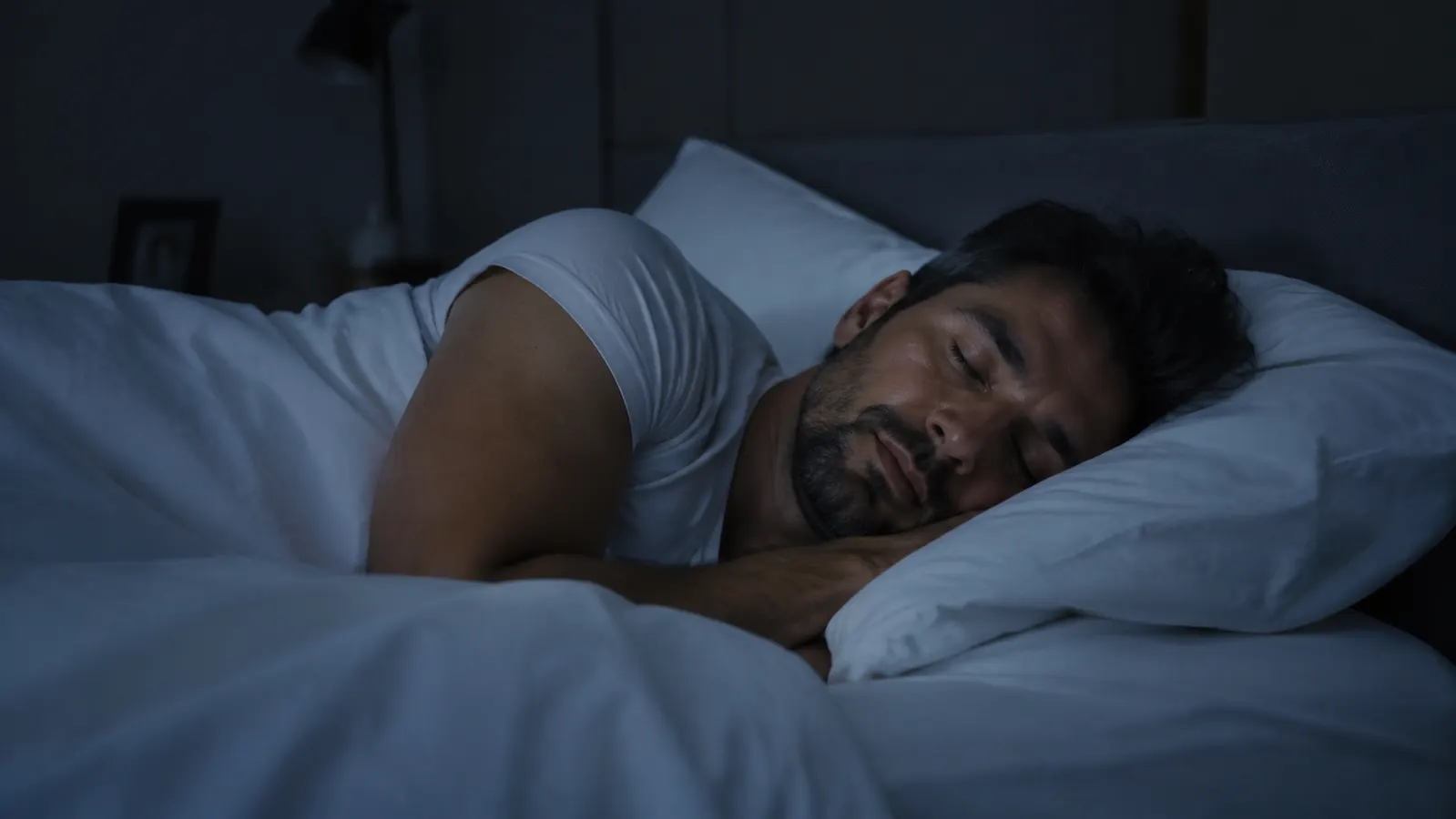 Person sleeping peacefully on their side in a cool, dark bedroom