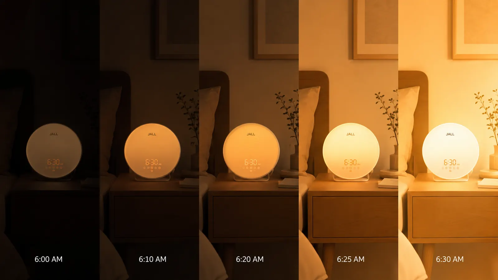 Close-up of a JALL sunrise alarm clock on a nightstand showing the warm orange glow of the sunrise simulation at low intensity