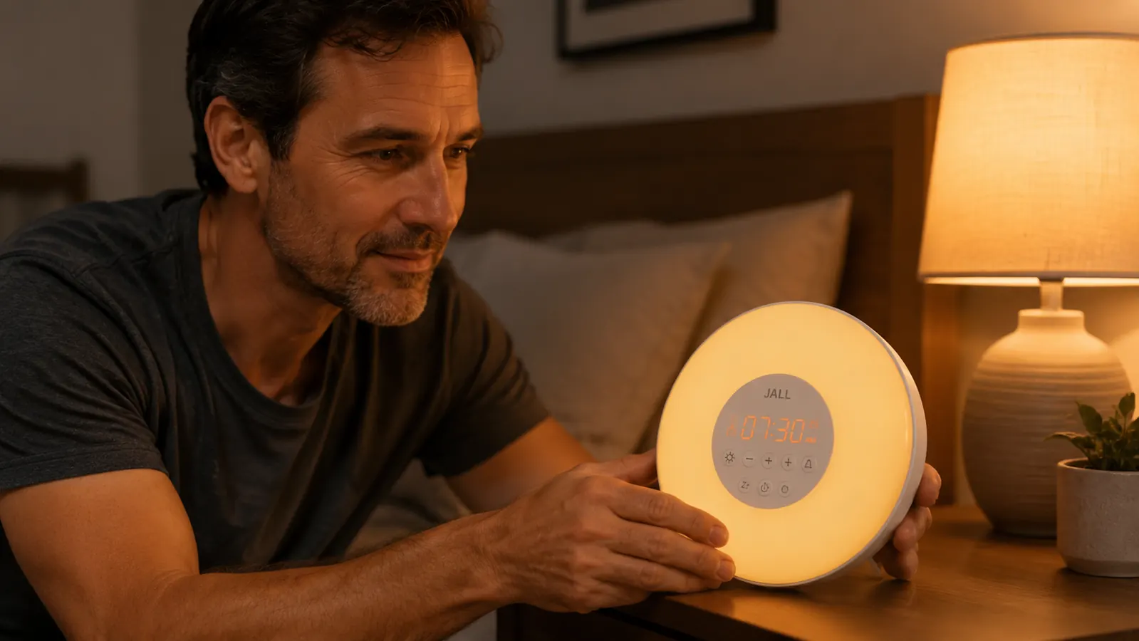 JALL sunrise alarm clock on a nightstand glowing warm orange against a dark bedroom wall