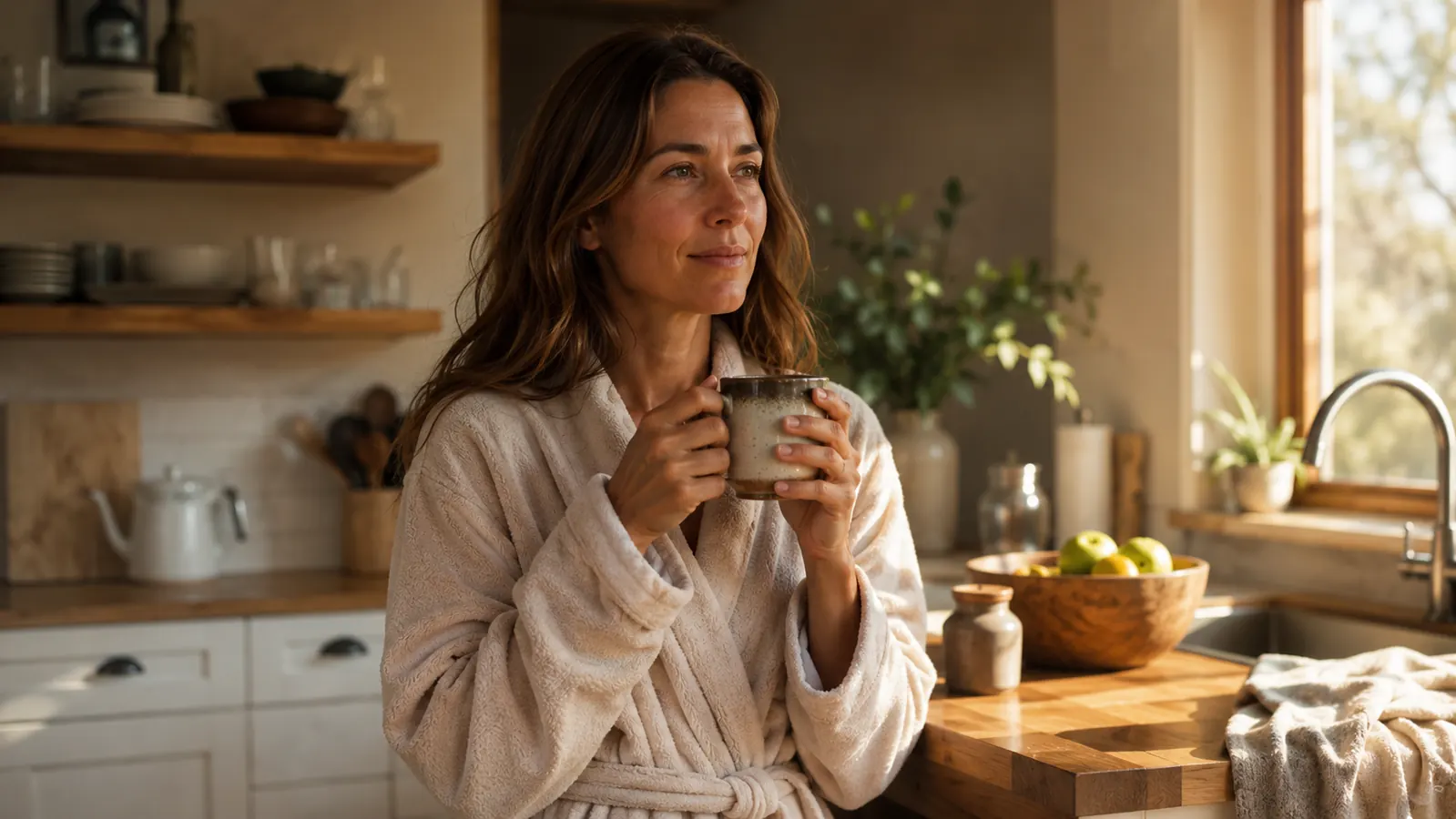 Peaceful morning kitchen scene with sunlight coming through a window, a woman holding a coffee mug with both hands