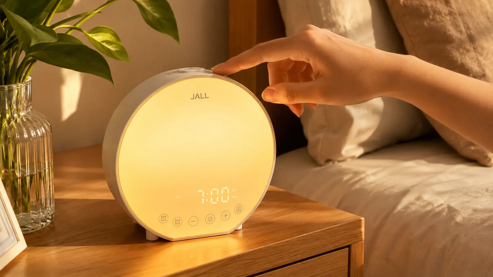 Hand pressing the top button on the JALL alarm clock to adjust brightness on a nightstand