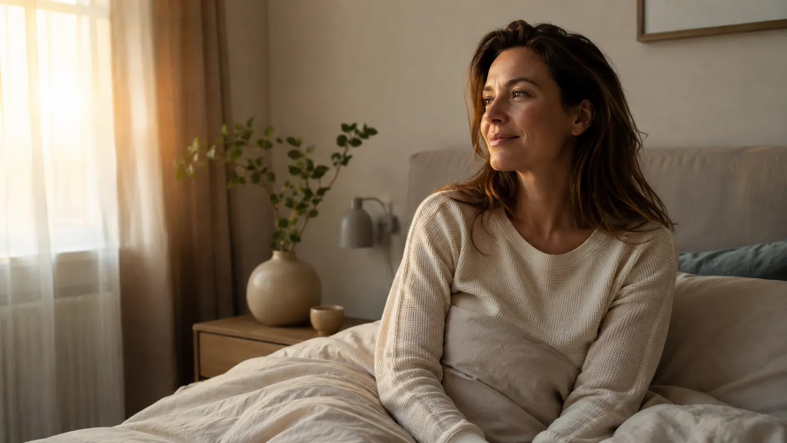 Person sitting up in bed looking rested and calm in soft morning light, no phone in sight
