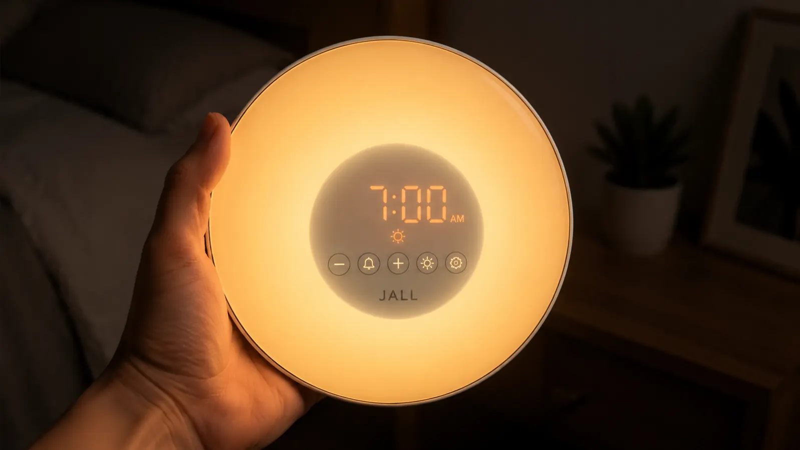 JALL sunrise alarm clock glowing warm amber on a nightstand next to a glass of water and reading glasses