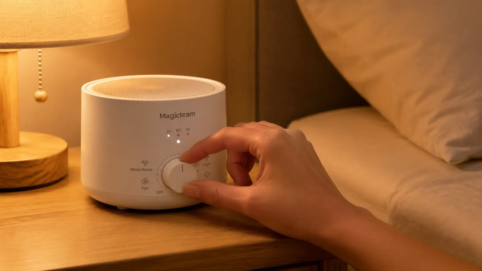 Hand turning the volume dial on a Magicteam white noise machine placed on a bedroom nightstand