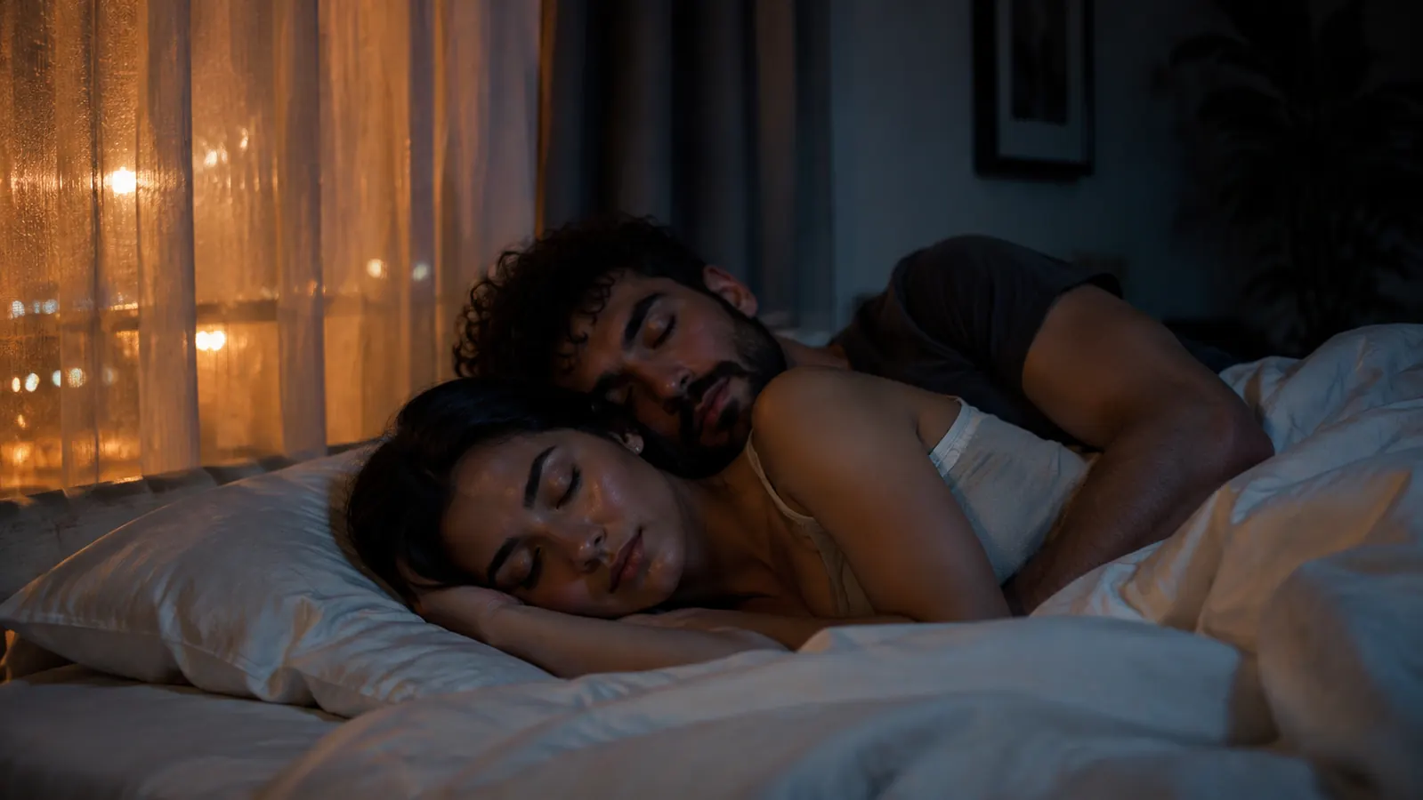 Couple asleep in bed in a softly lit room with city lights visible through a partially open window