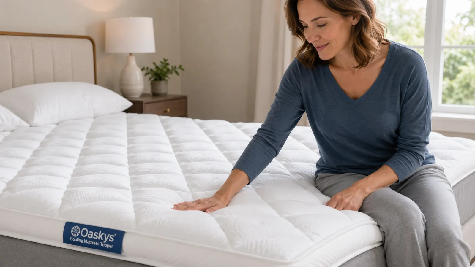 Hands smoothing a quilted white mattress topper over the corner of a queen mattress, fitted skirt visible