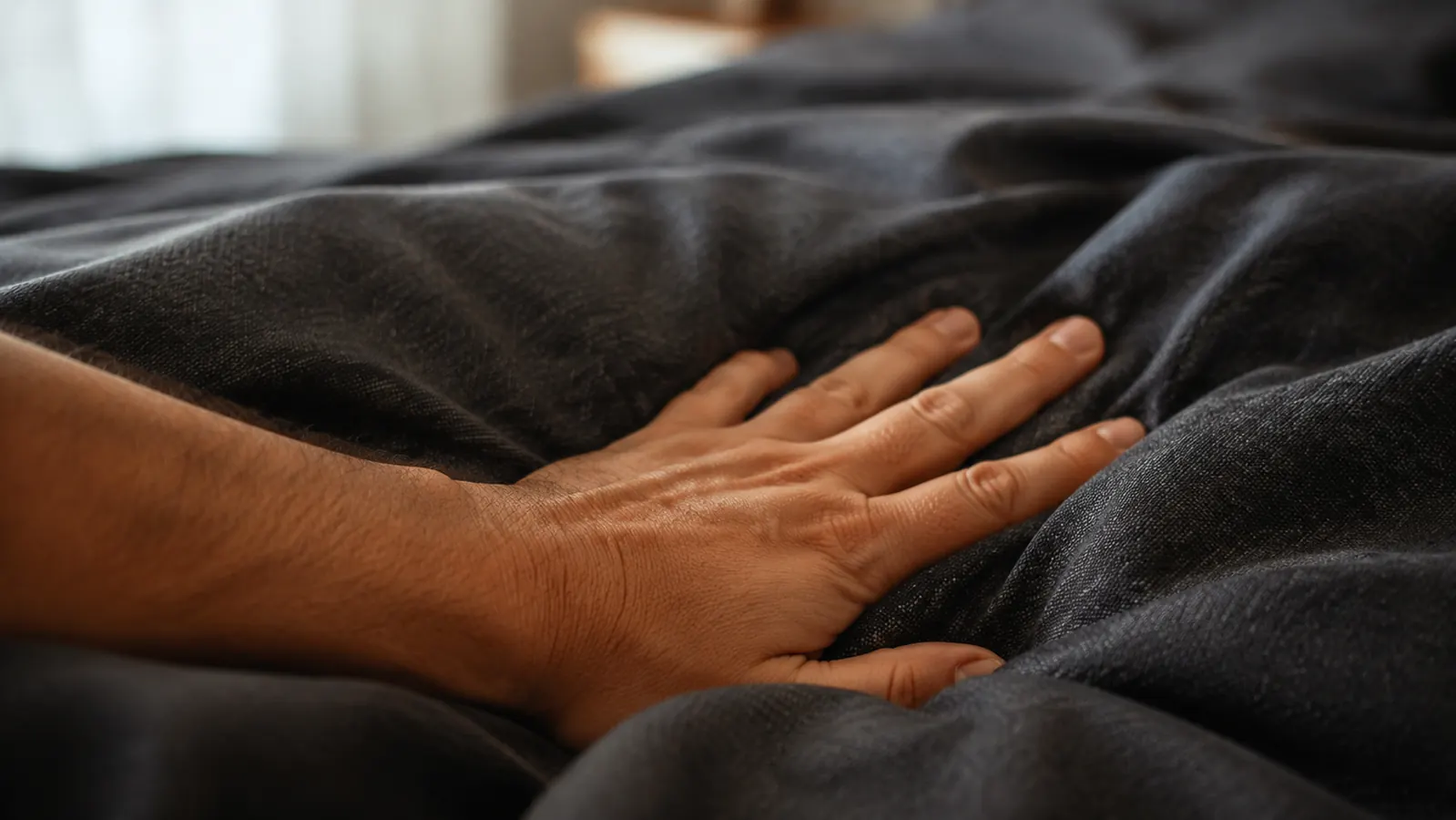 Couple in bed, one partner using a weighted blanket and the other clearly too warm, pushing it off