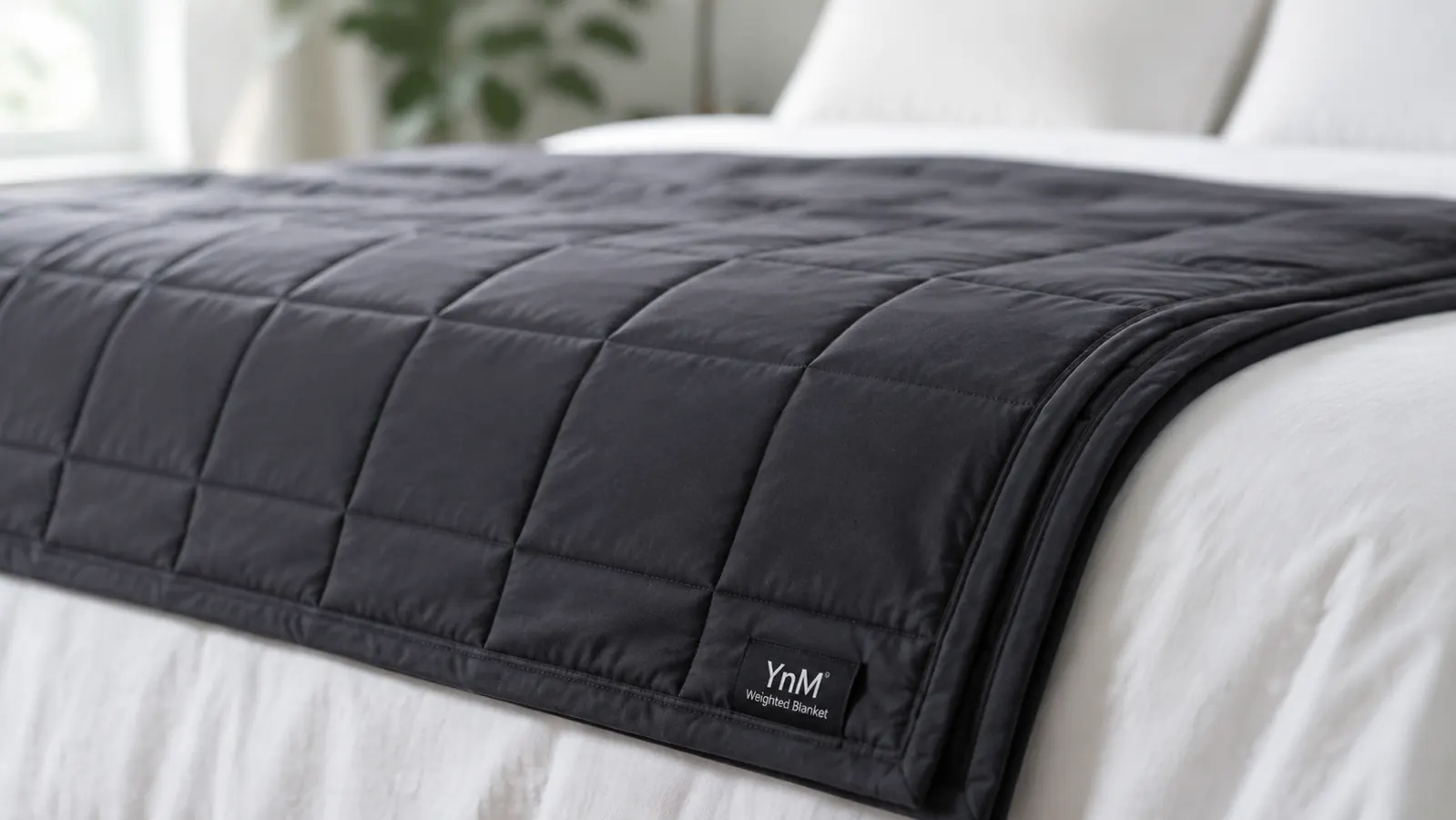 Close-up of the YnM weighted blanket laid flat on a bed, showing the grid-stitched squares and dark fabric texture