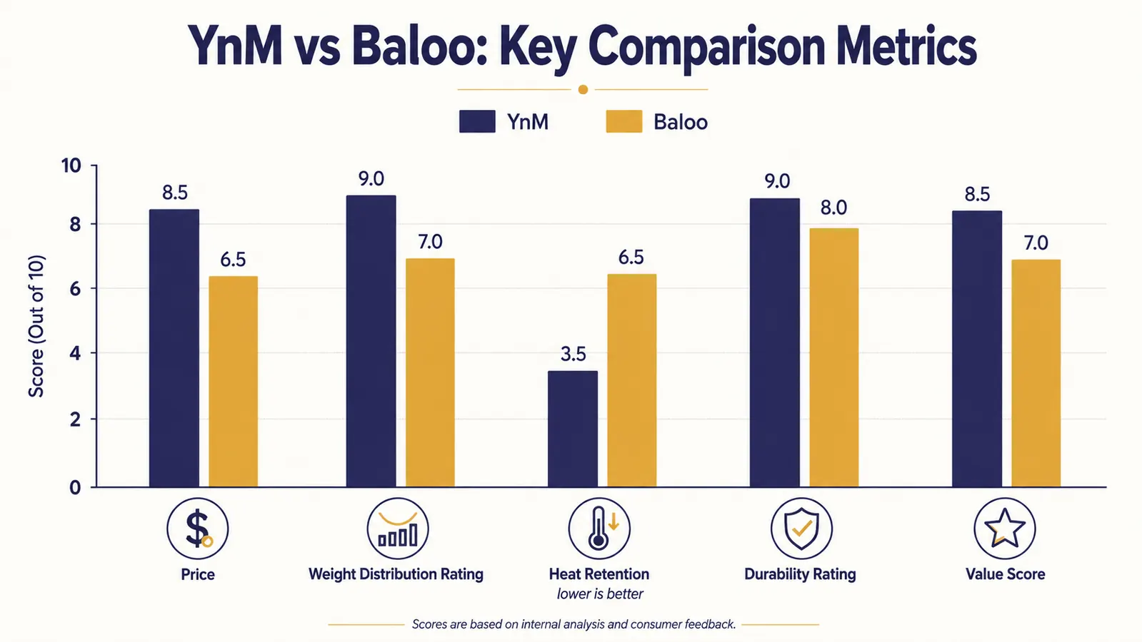 Chart comparing YnM and Baloo weighted blanket specs across price, fill type, weight options, and washability